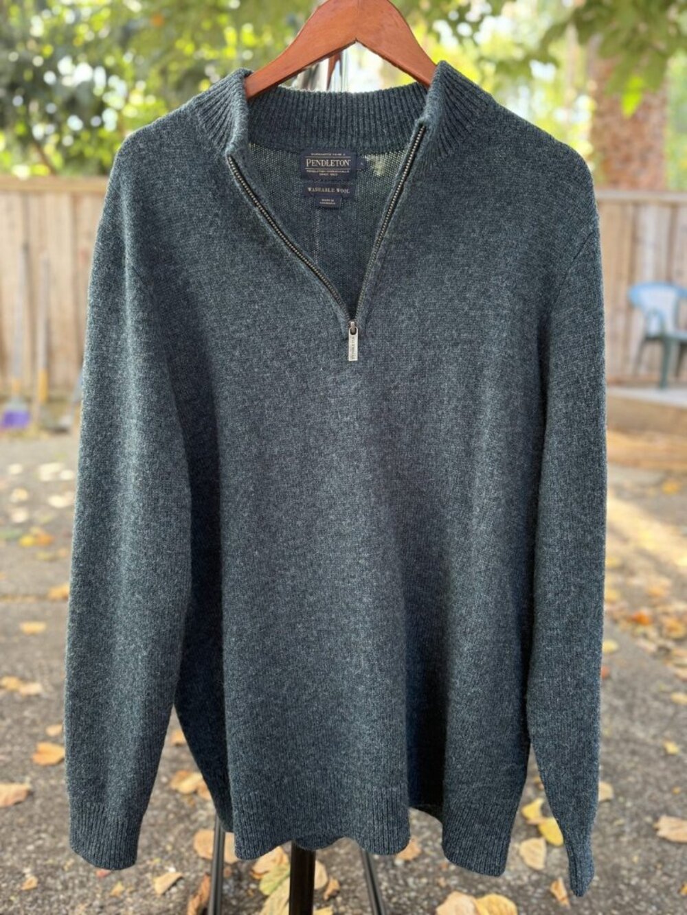 Pendleton Men's L Washable Wool 1/4 Zip Pullover Sweater Dark Teal Heather